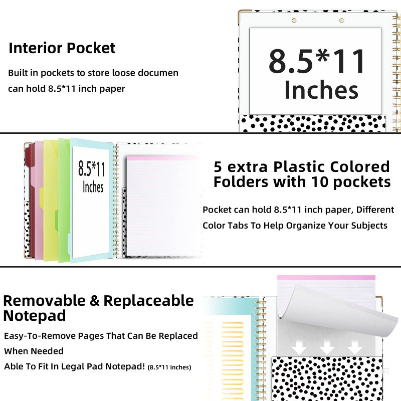 Ospelelf Clipboard with Storage 8.5 X 11 Padfolio Organizer  Spiral Portfolio Letter Size with Notepad  Pen Holder  5 Extra Folder Divider Pages  Elastic Closure Nurse Office Essentials (Polka Dots) - Image 3